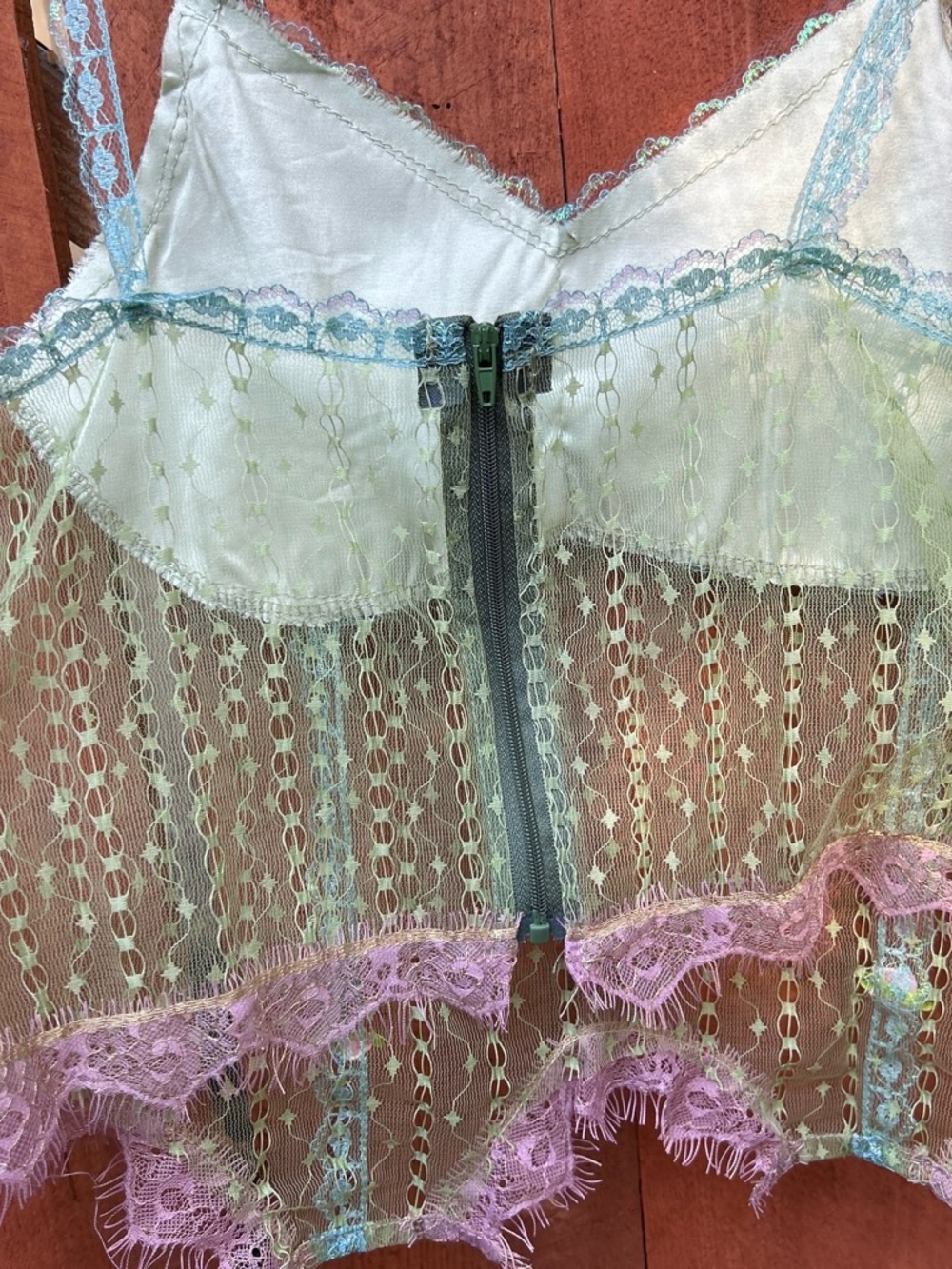 Sheer Vintage Fairy Lace Chemise Tank Slip with Pink Roses - Picture 5 of 5